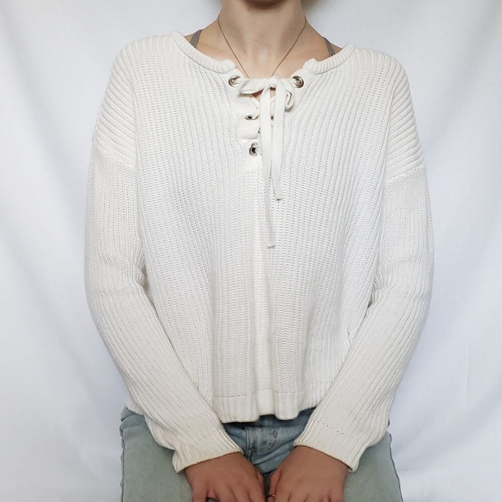 Pimkie Lace Up Ribbed Womens Sweater Size 6 Neutral Grommets Cozy Minimalist